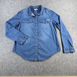 Calvin Klein Jeans Denim Shirt Sz XL Pearl Snap Long Sleeve Stretch Med Wash